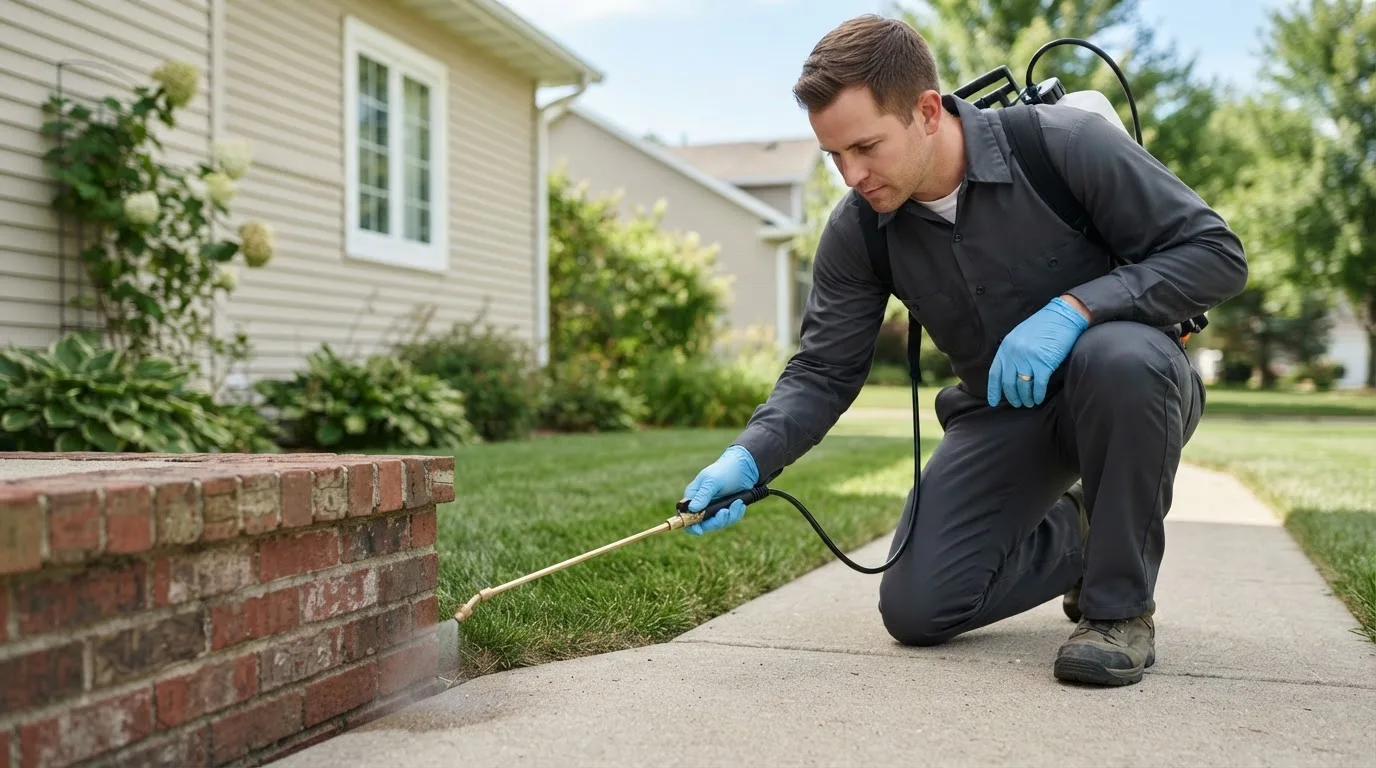 Pest control technician treating a home near Mud Butte, SD